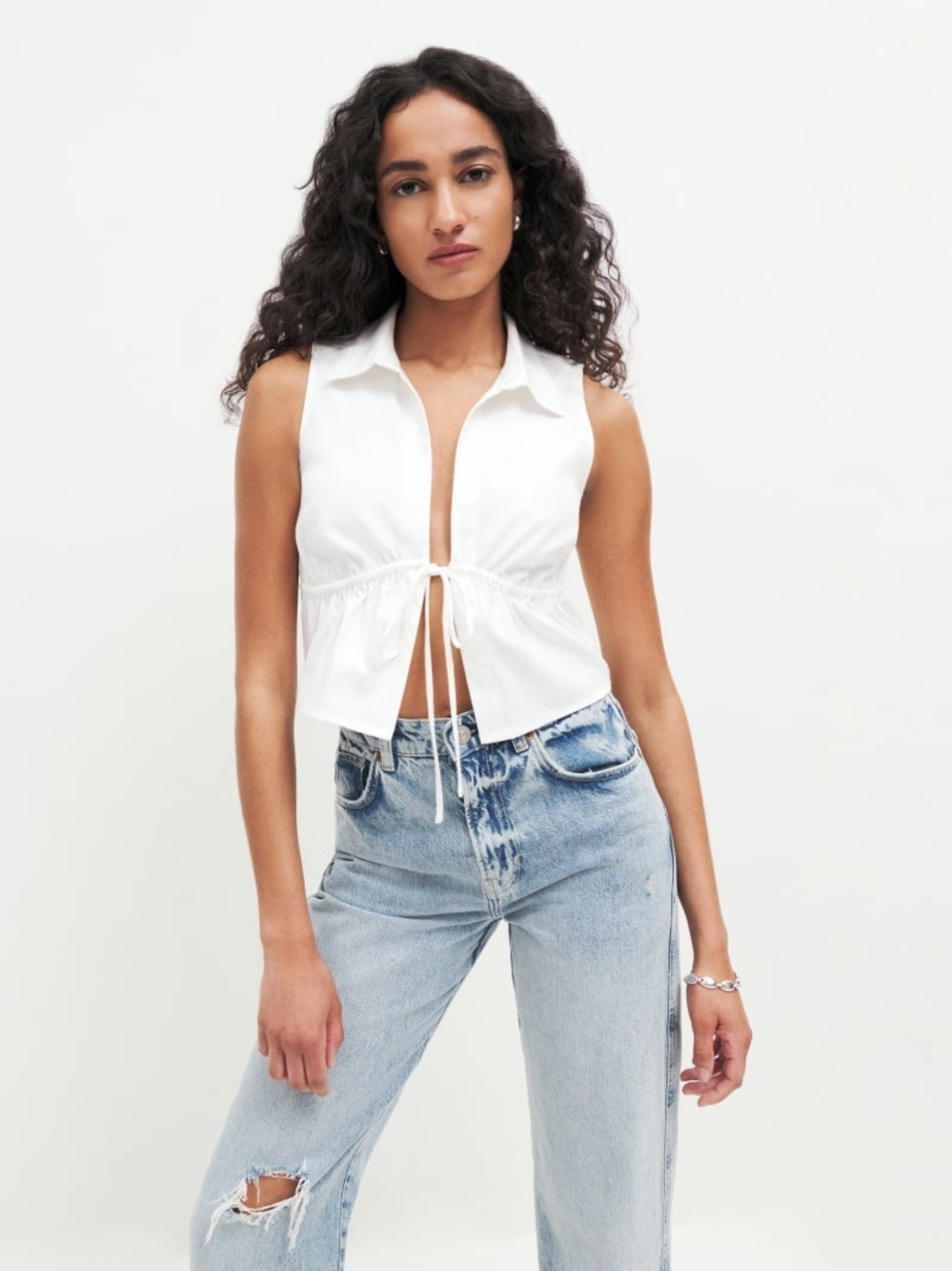 Reformation White Sleeveless Tie Front Collared Poplin Top Size 8